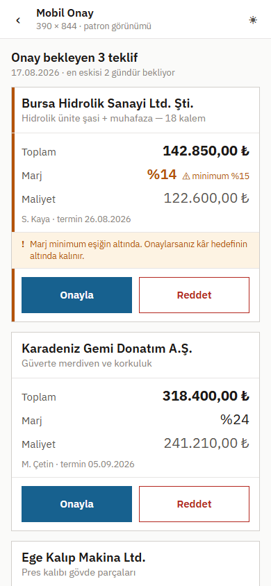 Mobil onay ekranı: marj eşiğinin altındaki teklifler için Onayla ve Reddet düğmeleri