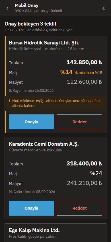 Mobil onay ekranı, koyu tema